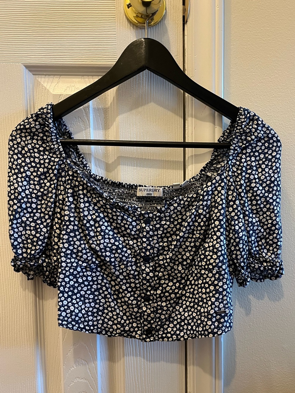 Superdry Navy Daisy Puff-Sleeve Crop Top